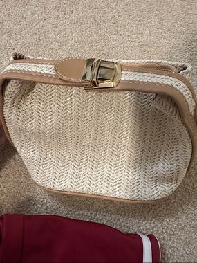 Cream Woven Straw Crossbody Bag with Tan Trim